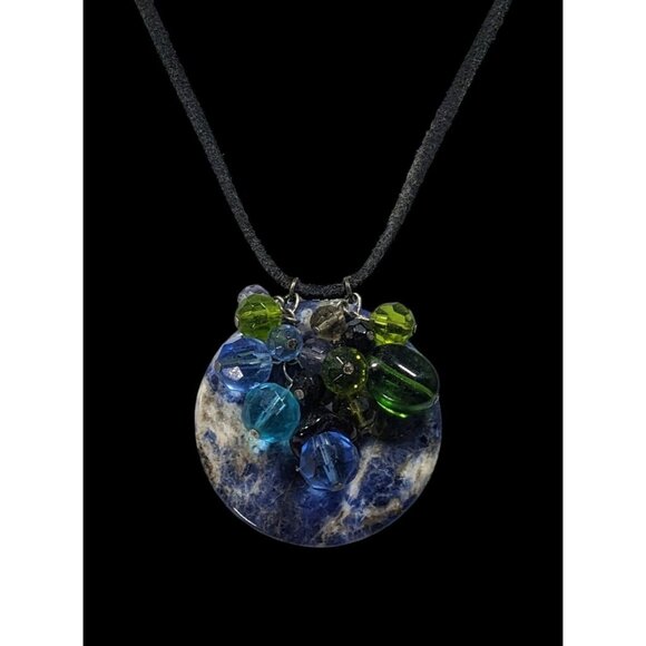 Whimsical Handmade Lapis Lazuli Ring Disc Pendant With Beaded Charm Accents - Picture 2 of 5